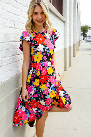 Spread Joy Black & Multicolor Floral Flutter Sleeve Babydoll Dress - Online Only!