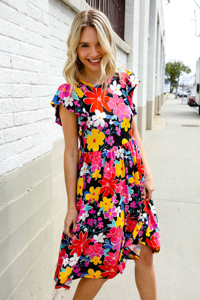Spread Joy Black & Multicolor Floral Flutter Sleeve Babydoll Dress - Online Only!