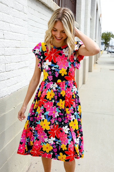 Spread Joy Black & Multicolor Floral Flutter Sleeve Babydoll Dress - Online Only!