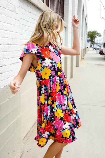 Spread Joy Black & Multicolor Floral Flutter Sleeve Babydoll Dress - Online Only!