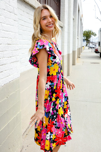 Spread Joy Black & Multicolor Floral Flutter Sleeve Babydoll Dress - Online Only!