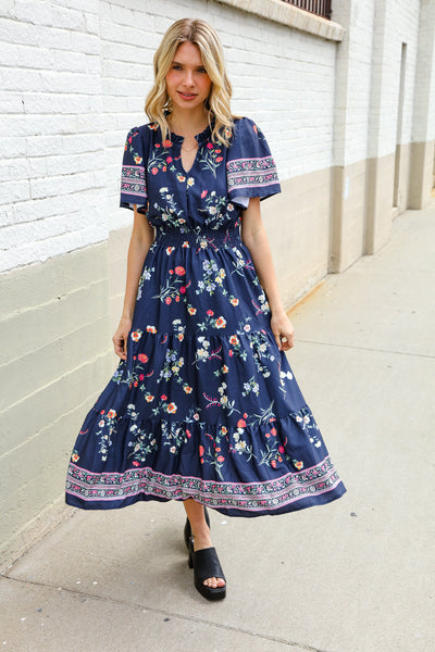 Boho Vibes Navy & Floral Notch Neck Border Print Tiered Maxi - Online Only!