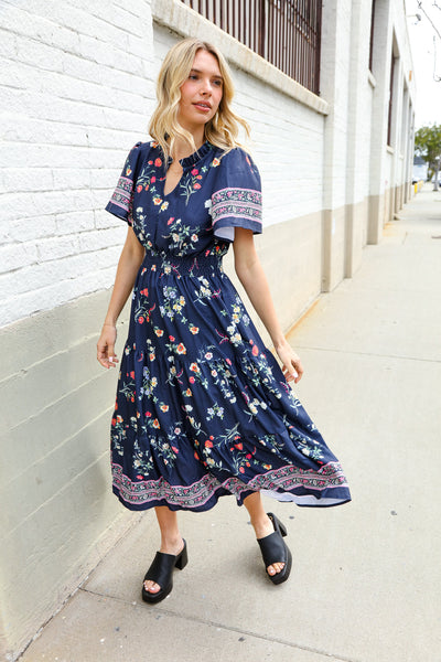 Boho Vibes Navy & Floral Notch Neck Border Print Tiered Maxi - Online Only!