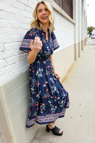 Boho Vibes Navy & Floral Notch Neck Border Print Tiered Maxi - Online Only!