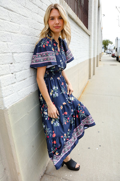 Boho Vibes Navy & Floral Notch Neck Border Print Tiered Maxi - Online Only!