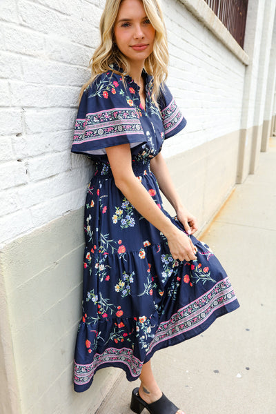 Boho Vibes Navy & Floral Notch Neck Border Print Tiered Maxi - Online Only!