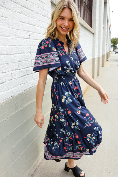 Boho Vibes Navy & Floral Notch Neck Border Print Tiered Maxi - Online Only!