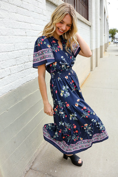 Boho Vibes Navy & Floral Notch Neck Border Print Tiered Maxi - Online Only!
