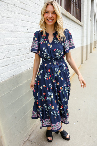 Boho Vibes Navy & Floral Notch Neck Border Print Tiered Maxi - Online Only!