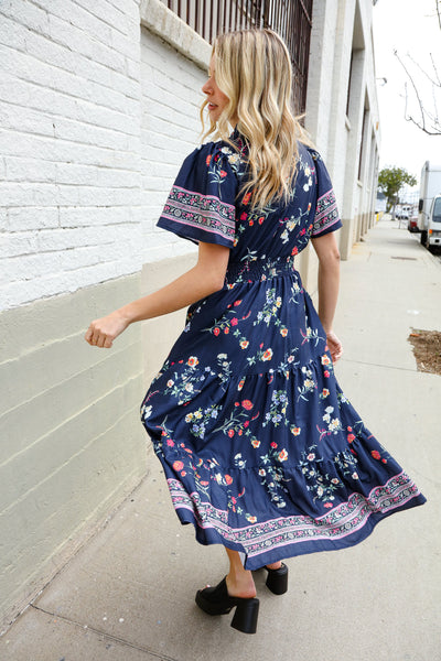 Boho Vibes Navy & Floral Notch Neck Border Print Tiered Maxi - Online Only!