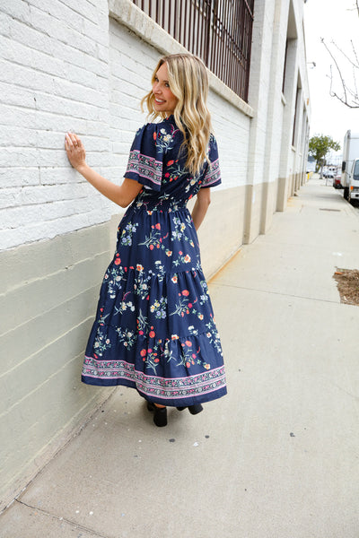Boho Vibes Navy & Floral Notch Neck Border Print Tiered Maxi - Online Only!