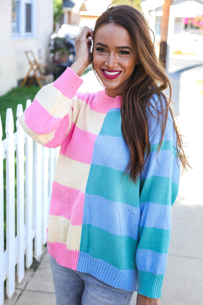 Catch Glances Blush & Blue Stripe Color Block Knit Sweater - Online Only!