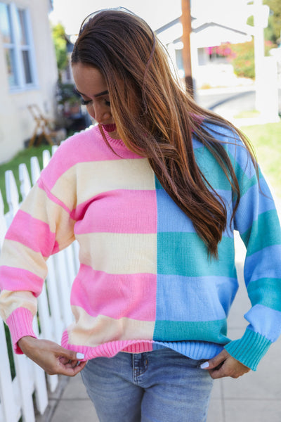 Catch Glances Blush & Blue Stripe Color Block Knit Sweater - Online Only!