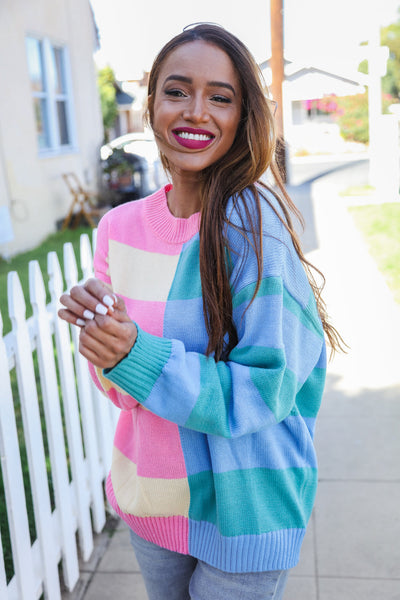 Catch Glances Blush & Blue Stripe Color Block Knit Sweater - Online Only!