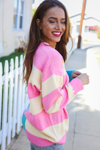 Catch Glances Blush & Blue Stripe Color Block Knit Sweater - Online Only!