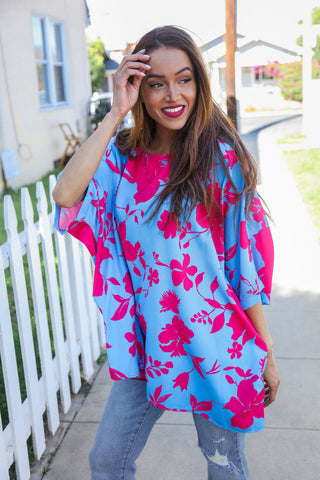 Follow Me Fuchsia Floral Asymmetrical Coverup Blouse - Online Only!
