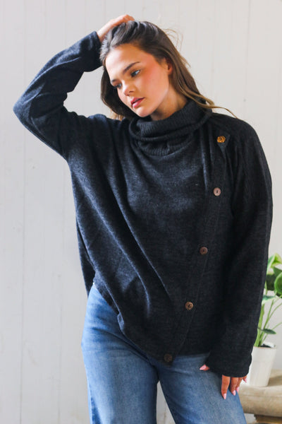 Buttoned Bliss Black Cozy Sweater - Online Only!