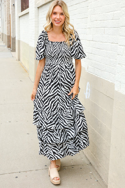 Look My Way Black/White Abstract Print Smocked Neck Maxi Dress - Online Only!