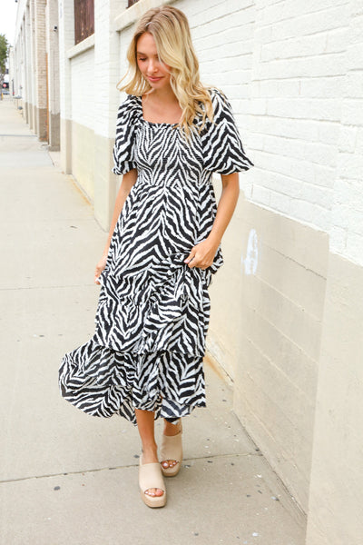 Look My Way Black/White Abstract Print Smocked Neck Maxi Dress - Online Only!