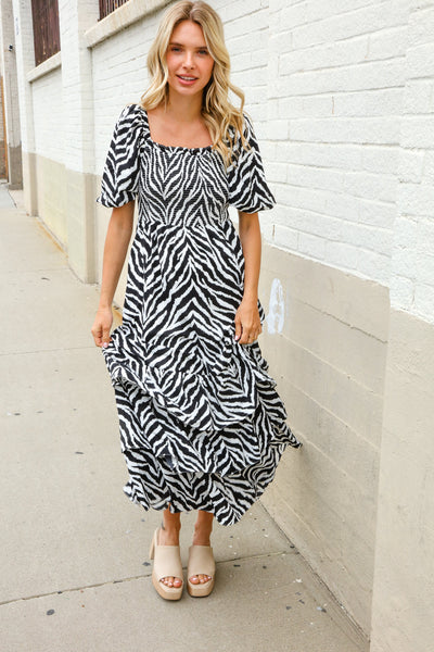 Look My Way Black/White Abstract Print Smocked Neck Maxi Dress - Online Only!