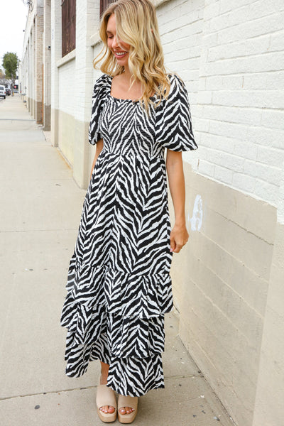 Look My Way Black/White Abstract Print Smocked Neck Maxi Dress - Online Only!
