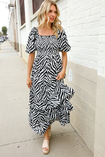 Look My Way Black/White Abstract Print Smocked Neck Maxi Dress - Online Only!