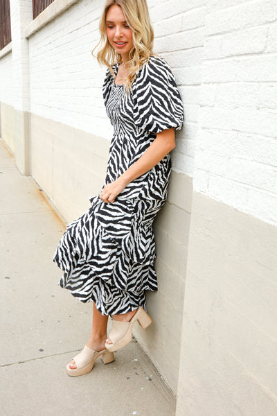 Look My Way Black/White Abstract Print Smocked Neck Maxi Dress - Online Only!