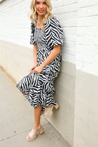 Look My Way Black/White Abstract Print Smocked Neck Maxi Dress - Online Only!