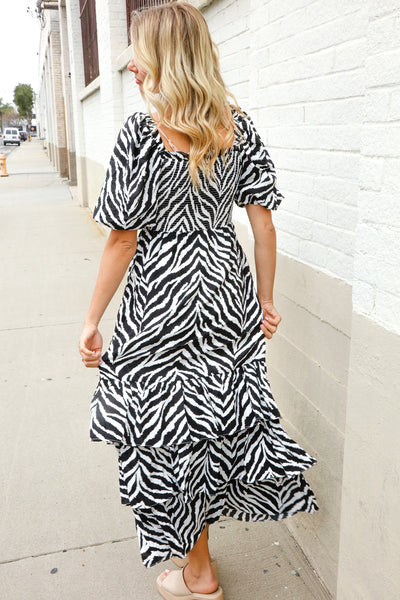 Look My Way Black/White Abstract Print Smocked Neck Maxi Dress - Online Only!