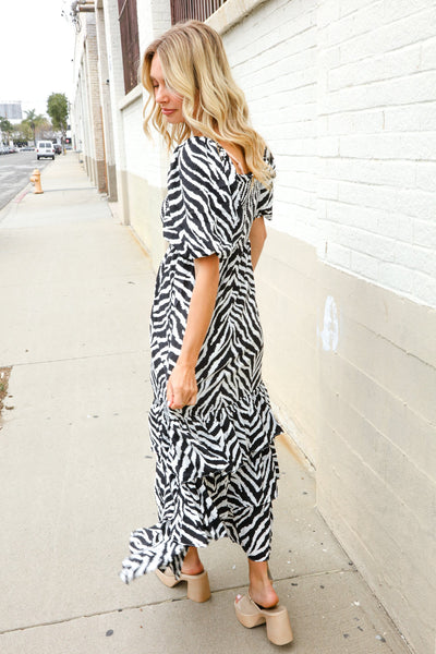 Look My Way Black/White Abstract Print Smocked Neck Maxi Dress - Online Only!