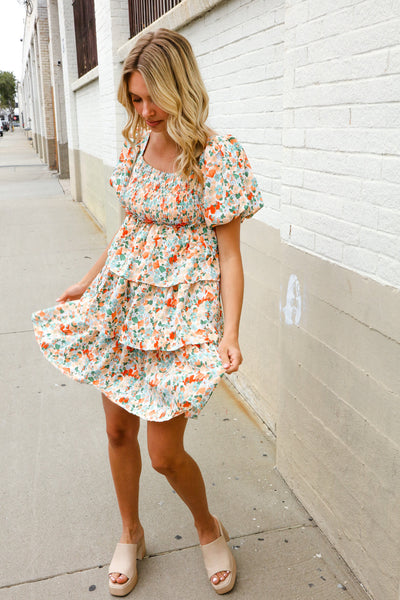 Floral Print Smocked Neck Puff Sleeve Ruffle Tiered Dress - Online Only!