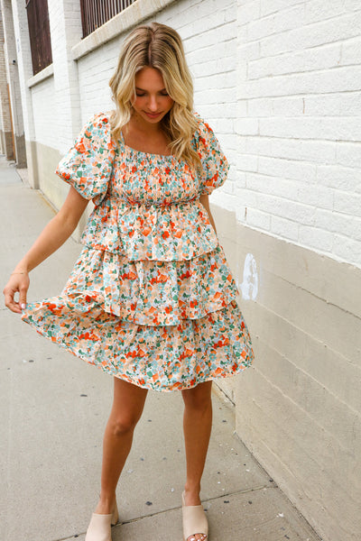 Floral Print Smocked Neck Puff Sleeve Ruffle Tiered Dress - Online Only!