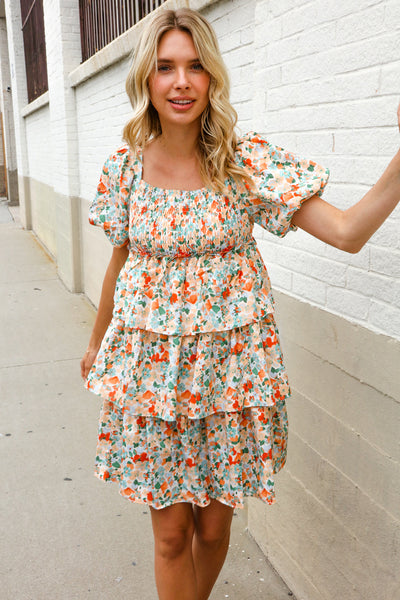 Floral Print Smocked Neck Puff Sleeve Ruffle Tiered Dress - Online Only!
