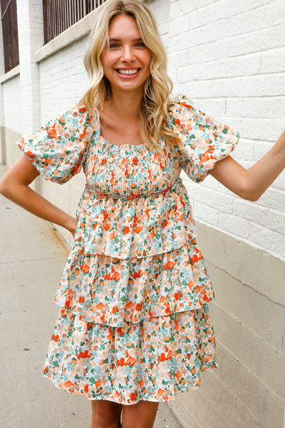 Floral Print Smocked Neck Puff Sleeve Ruffle Tiered Dress - Online Only!