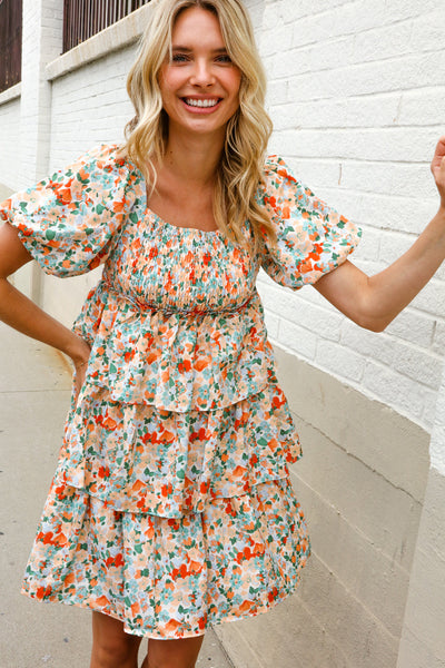 Floral Print Smocked Neck Puff Sleeve Ruffle Tiered Dress - Online Only!