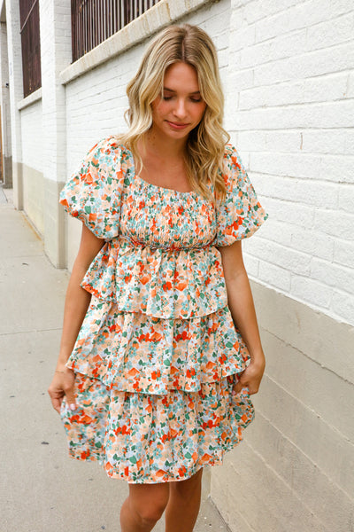 Floral Print Smocked Neck Puff Sleeve Ruffle Tiered Dress - Online Only!