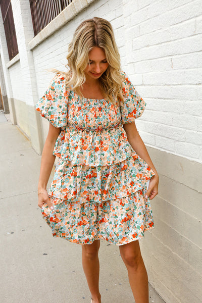 Floral Print Smocked Neck Puff Sleeve Ruffle Tiered Dress - Online Only!