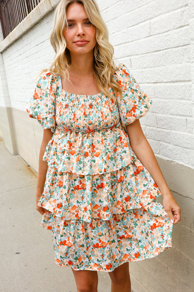 Floral Print Smocked Neck Puff Sleeve Ruffle Tiered Dress - Online Only!