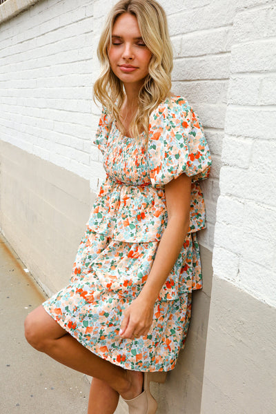 Floral Print Smocked Neck Puff Sleeve Ruffle Tiered Dress - Online Only!