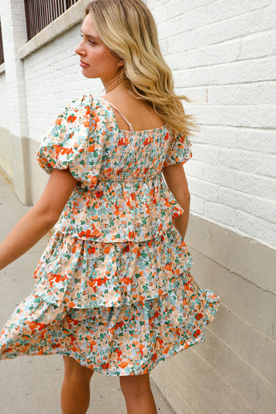 Floral Print Smocked Neck Puff Sleeve Ruffle Tiered Dress - Online Only!