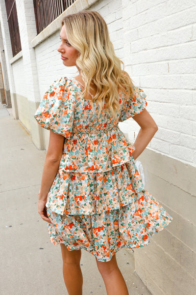 Floral Print Smocked Neck Puff Sleeve Ruffle Tiered Dress - Online Only!