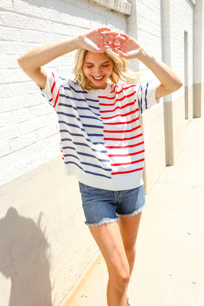Patriotic Red & Blue Stripe Drop Shoulder Oversize Sweater Top - Online Only!