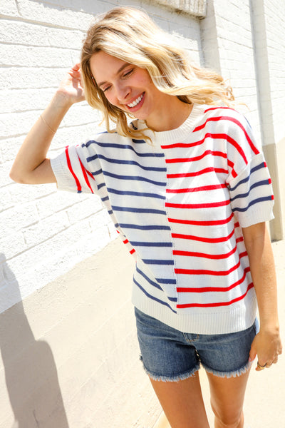 Patriotic Red & Blue Stripe Drop Shoulder Oversize Sweater Top - Online Only!