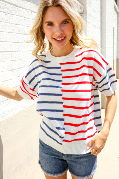 Patriotic Red & Blue Stripe Drop Shoulder Oversize Sweater Top - Online Only!