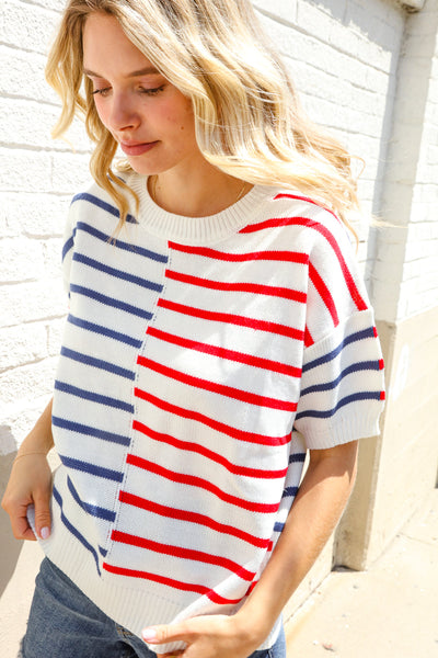 Patriotic Red & Blue Stripe Drop Shoulder Oversize Sweater Top - Online Only!