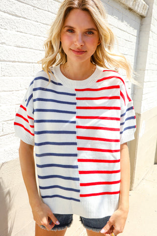 Patriotic Red & Blue Stripe Drop Shoulder Oversize Sweater Top - Online Only!