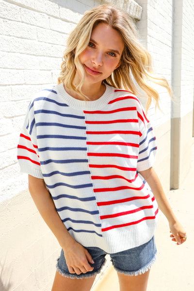 Patriotic Red & Blue Stripe Drop Shoulder Oversize Sweater Top - Online Only!