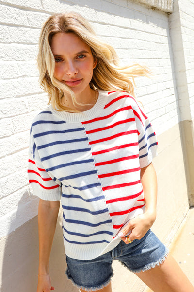 Patriotic Red & Blue Stripe Drop Shoulder Oversize Sweater Top - Online Only!