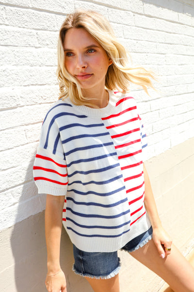 Patriotic Red & Blue Stripe Drop Shoulder Oversize Sweater Top - Online Only!