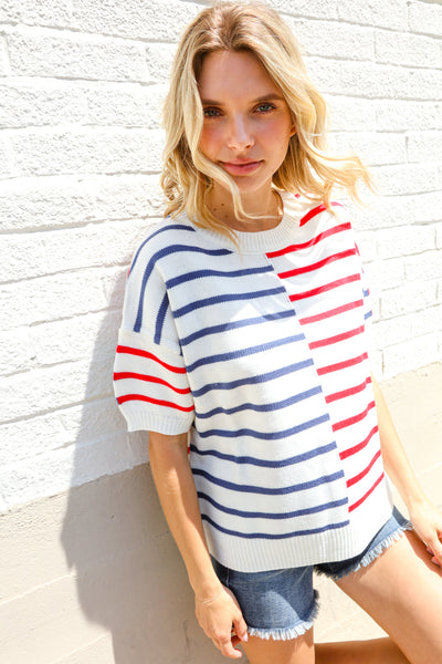 Patriotic Red & Blue Stripe Drop Shoulder Oversize Sweater Top - Online Only!